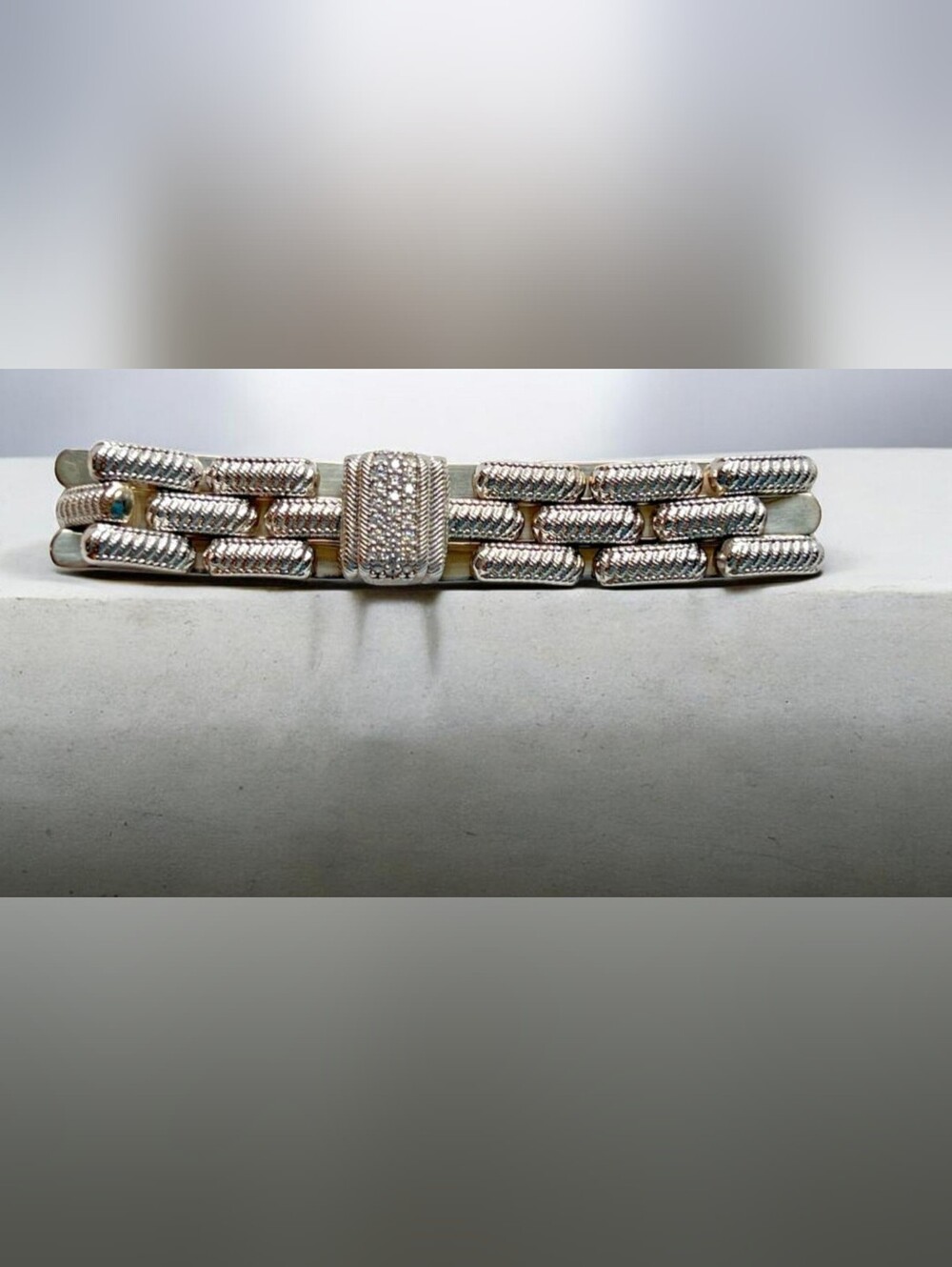 Judith Ripka Unique Style Sterling Silver Pave Link Bracelet. Made In Italy 6.5